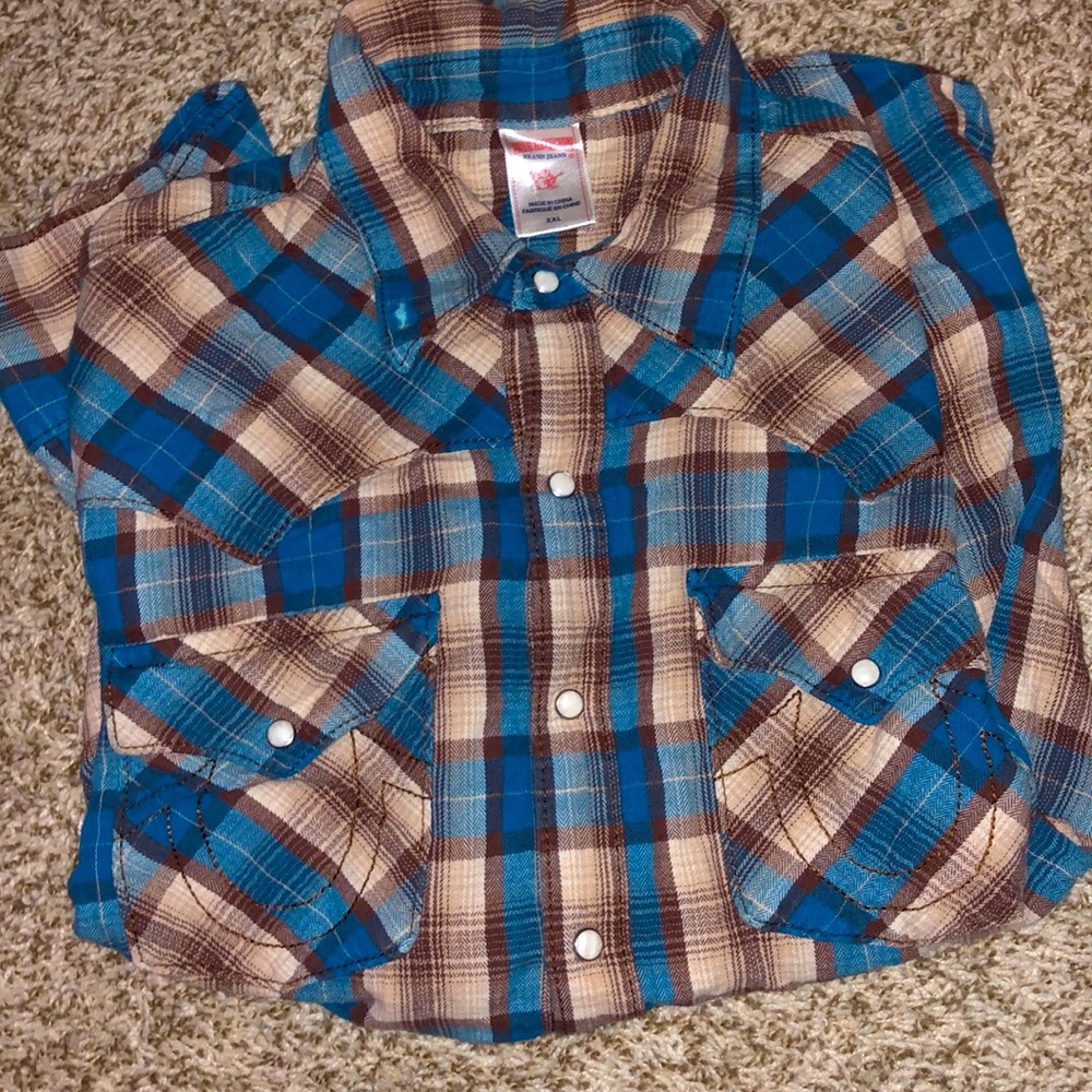 True Religion Mens Blue Brown Plaid Flannel LS Western Pearl Snap Up Shirt SZ 2X